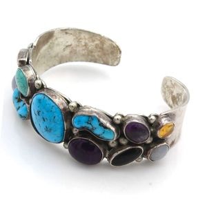 🦚🔮🦋Signed - Lee Bennett Navajo, Vintage Multi Stone Turquoise Cluster Cuff
